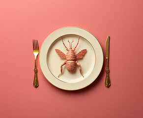 Big pink insect served on a plate with cutlery, contemporary dining concept, pastel background.