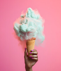 Aquamarine smoke cloud from an ice cream cone in the hand of a girl with neon pink nails. Creative summer relaxing concept.