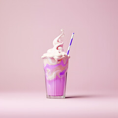 A glass of rich creamy fruit milkshake with a straw, nice pastel colors, purple details.