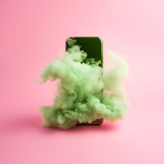 A beautiful olive green smartphone in a thick pink cloud of smoke or steam, hot tech and gadgets deal idea. 