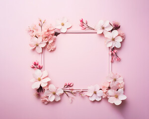 Square floral frame on pink background, romantic copy space for greeting cards and banners.