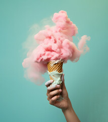 Pink smoke in an ice cream cone, creative aesthetic summer holiday inspired layout, aquamarine background. Fun and joy idea. 