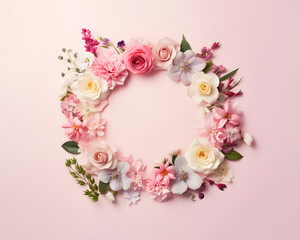 Spring garden flowers in soft pastel colors form an oval frame on a pink background, creative, romantic copy space idea.