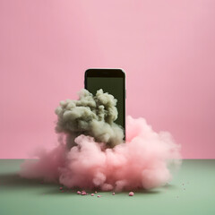 Smartphone in the cloud of olive green and pink colors, minimal software and data cloud concept, pastel background.