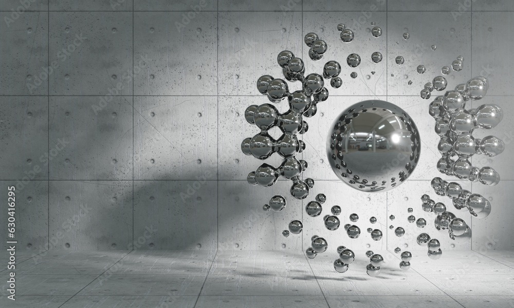 Poster abstraction background, silver core and liquid particles in the sphere.3d rendering.