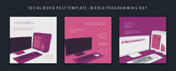 Social media post template with hand drawn of computer design for world programming day