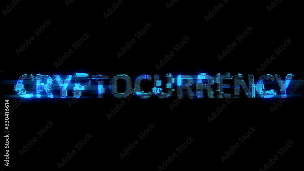 Poster bokeh glitch electrical light cybernetical blue text cryptocurrency, isolated - object 3d rendering