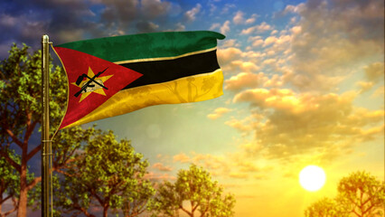 waving flag of Mozambique at sunrise for any holiday - abstract 3D illustration