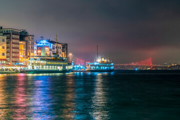 Fototapeta na wymiar View of Karakoy illuminated at night, Istanbul, Turkey