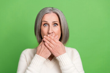 Photo portrait of grey hair old woman hands closed mouth scared silent mute speechless nervous...