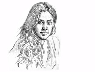 portrait of a long hair person pencil drawing for card illustration decoration