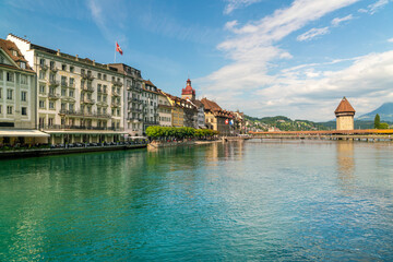 View of Luzern old city with the Chapel bride on the Ruess, Switzerland