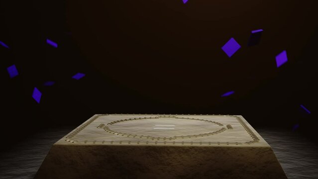 相撲の番狂わせの際の土俵に座布団を投げ込む様子
