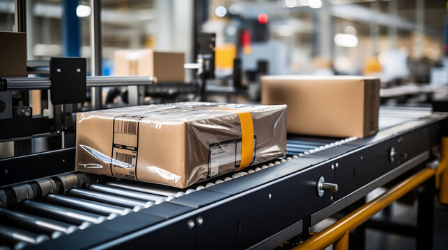 A parcel moves along a conveyor belt in a modern warehouse, symbolizing efficiency in logistics and delivery.