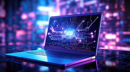 Digital workspace illustration with an opened laptop in neon colors. For cover backgrounds, wallpapers and other modern projects