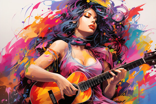 Illustration in the style of a painting of a woman playing the guitar with colorful decorations. Concept: Music