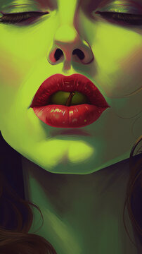Illustration of a woman's face in shades of green with a red mouth. Painting. Art