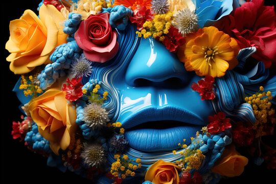 Close-up of a woman's face with blue skin surrounded by colorful flowers. Illustration. Art