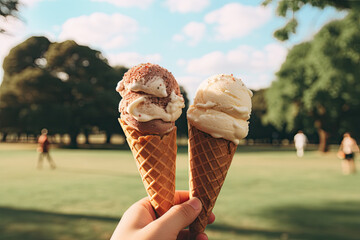 Relaxing Park Scene with Ice Cream Cones Created with Generative AI