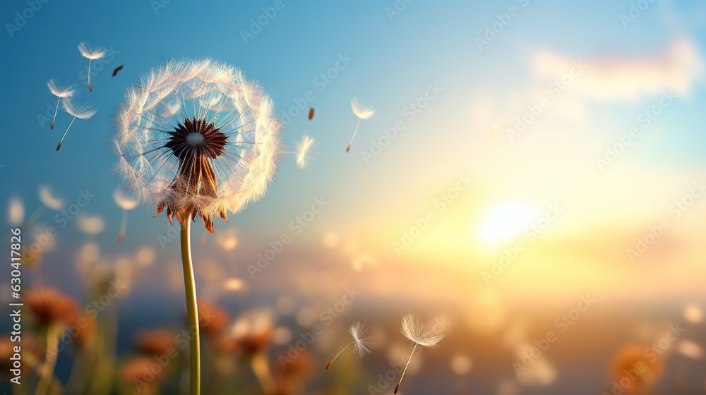 Poster a dandelion blowing in the wind on a sunny day. generative ai