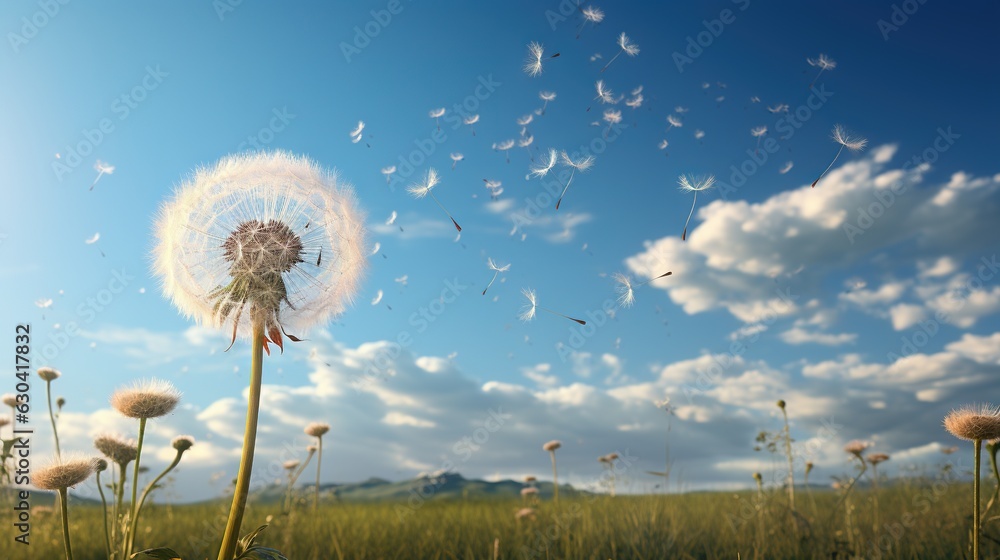 Poster a dandelion blowing in the wind in a field. generative ai