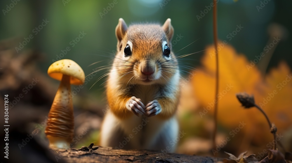 Poster a squirrel standing next to a mushroom and a mushroom on the ground. generative ai