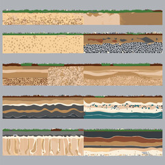 Seamless ground cross sections,layers under earth underground textures set. vector illustrations