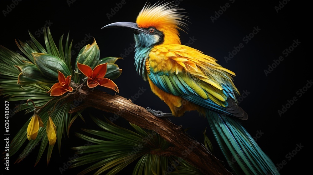 Poster a colorful bird perched on a branch of a pine tree. generative ai