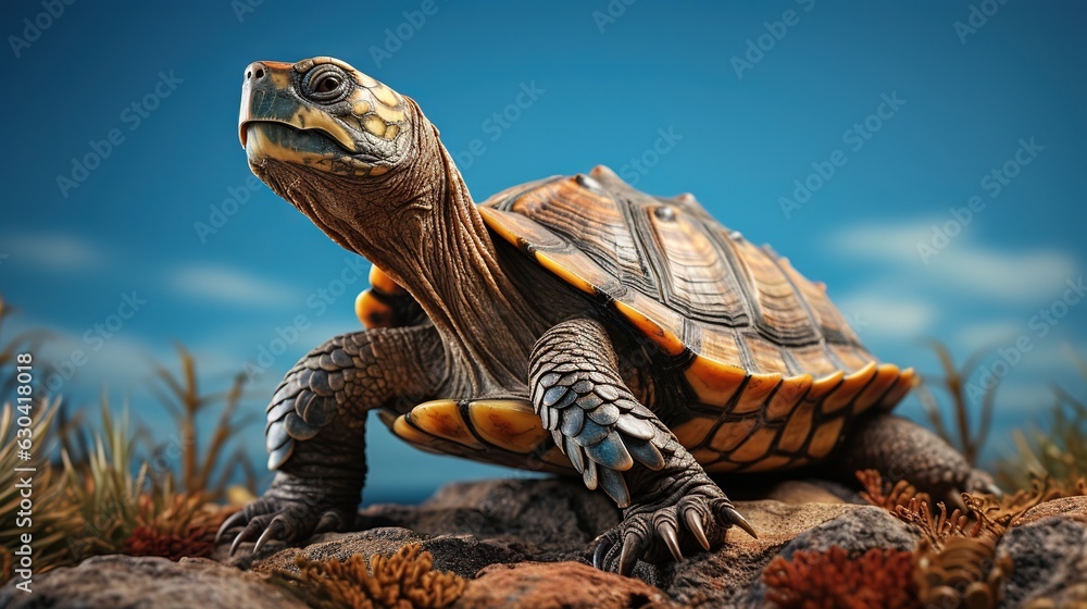 Poster a small turtle sitting on top of a pile of rocks. generative ai