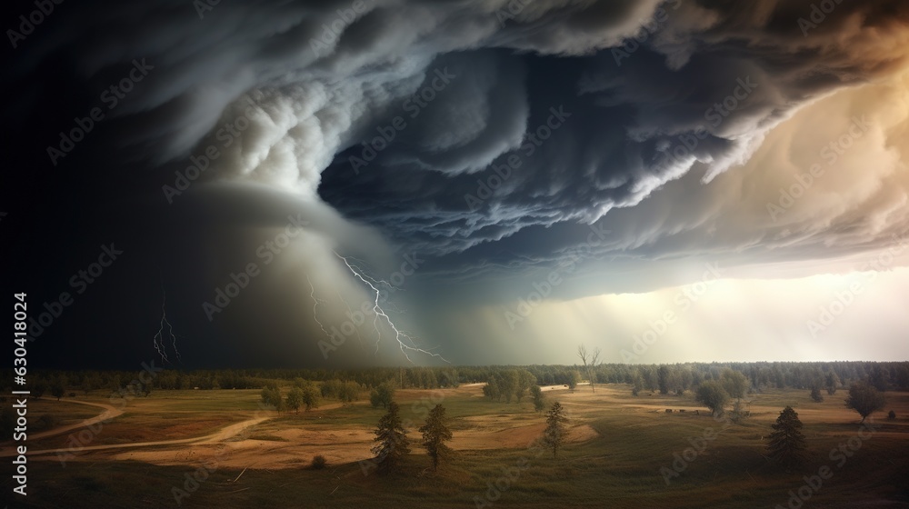 Poster a storm is coming over a field with trees in the foreground. generative ai