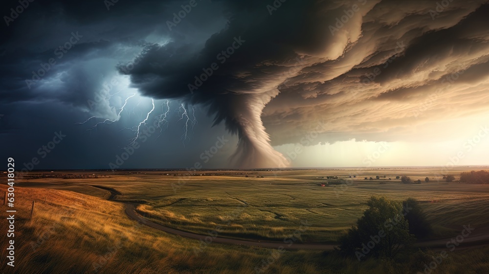 Poster a large storm is coming in over a field of grass. generative ai