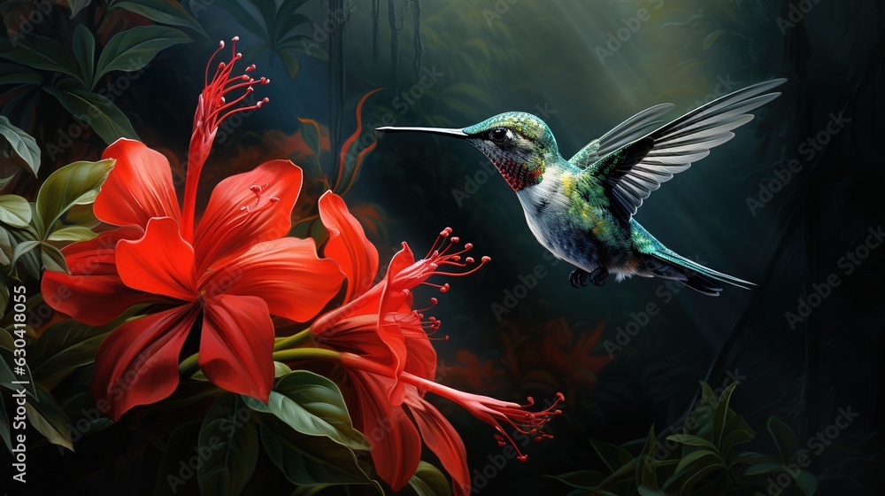 Poster a painting of a hummingbird hovering over a red flower. generative ai