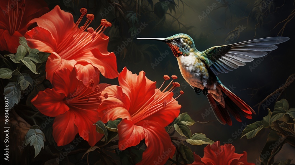 Poster a painting of a hummingbird hovering over a flowery branch. generative ai