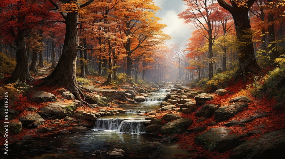 Poster a painting of a stream running through a forest filled with trees. generative ai