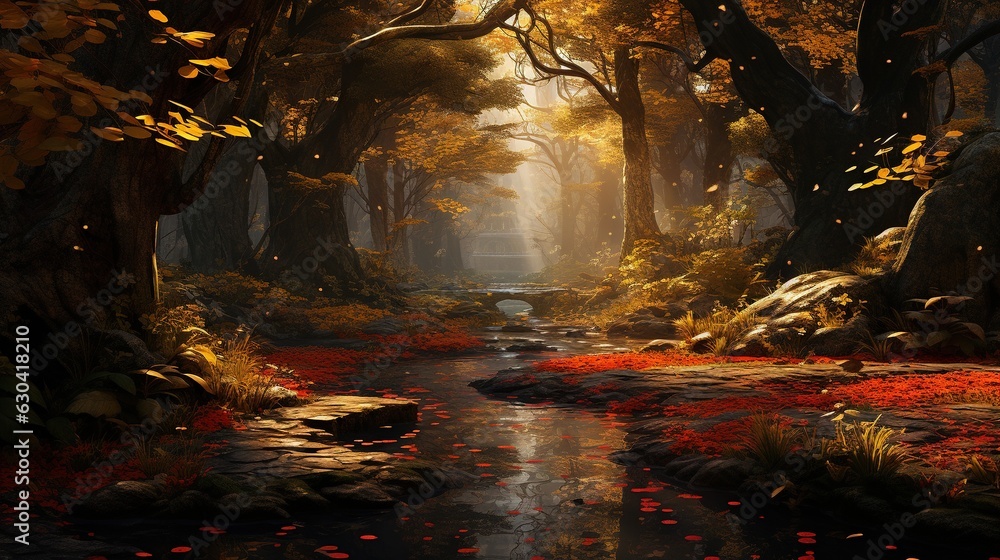 Poster a painting of a forest with a stream running through it. generative ai