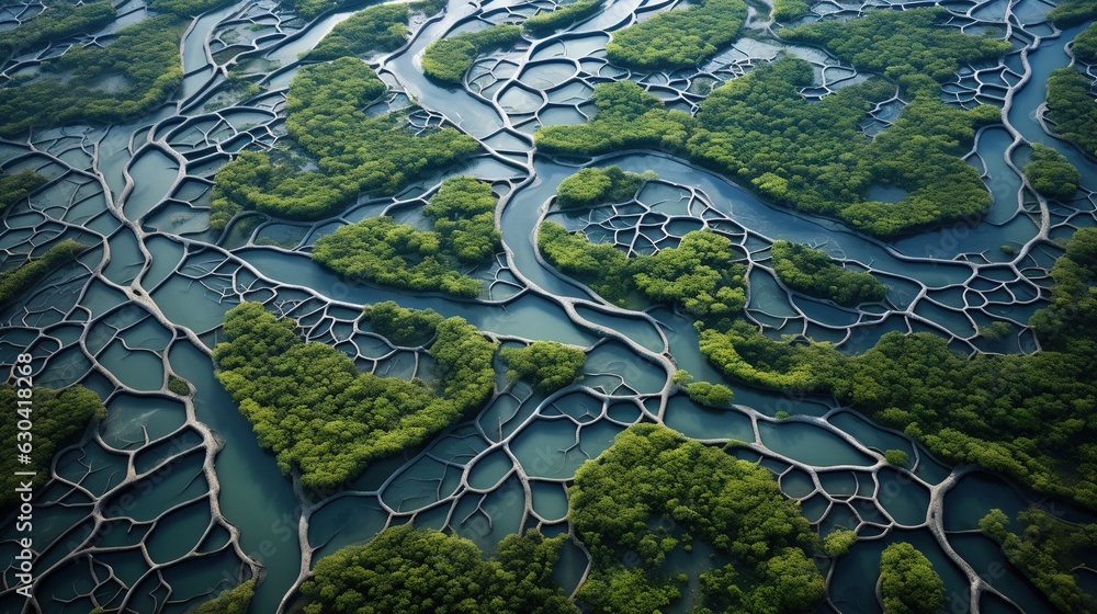 Poster a river running through a lush green forest filled with trees. generative ai