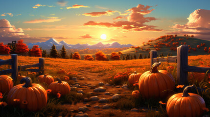 Farm-Style Pumpkin Patch with Hillside Sunset and Fall Foliage Created with Generative AI