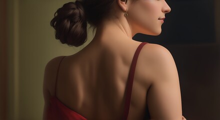 Portrait of elegant woman from behind in a red dress posing at a party flamenco dance. AI generated