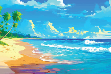 painting of beach with palm trees