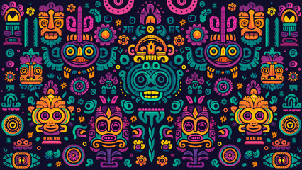 Vector pattern about maya culture, colorful monkey masks