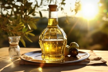 Golden Olive Oil Bottle on Rustic Wooden Table - Sunlit Olive Field