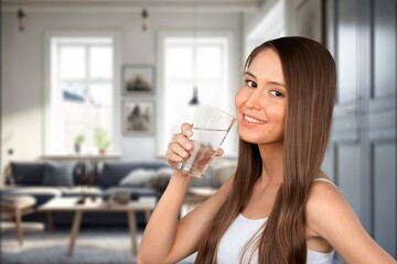 Healthy Lifestyle concept. Happy Woman With Glass Of Water, AI generated image