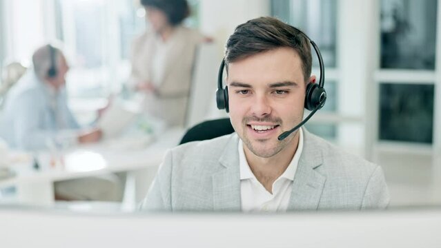 Call center, customer service and man on computer talking for online help, advice and consulting in office. Telemarketing, business and male person speaking for contact, crm support and communication