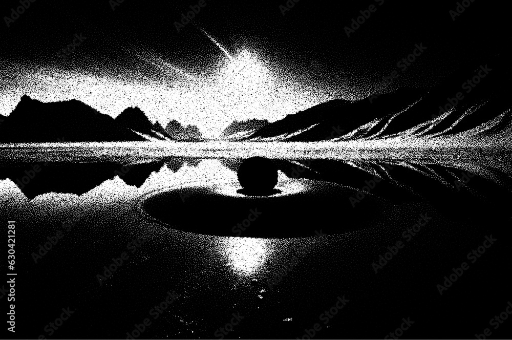 Poster Alien planet landscape in retro dotwork style. Planets and satellites over unknown planet in space. Sci-fi world landscape beyond our galaxy.