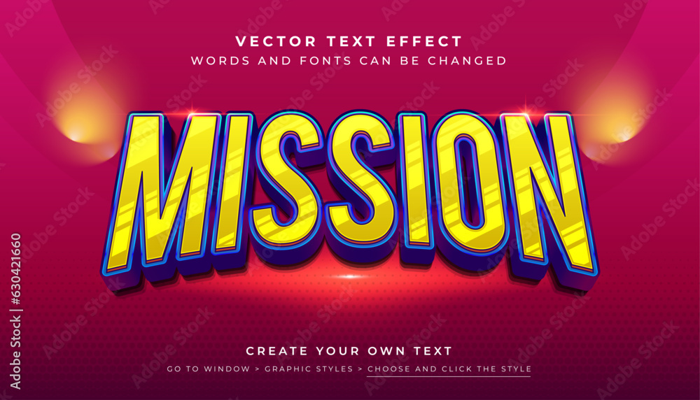 Poster vector editable 3d yellow mission text effect. game space mission graphic style on red background
