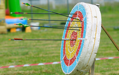 Many arrows stuck in the target archery