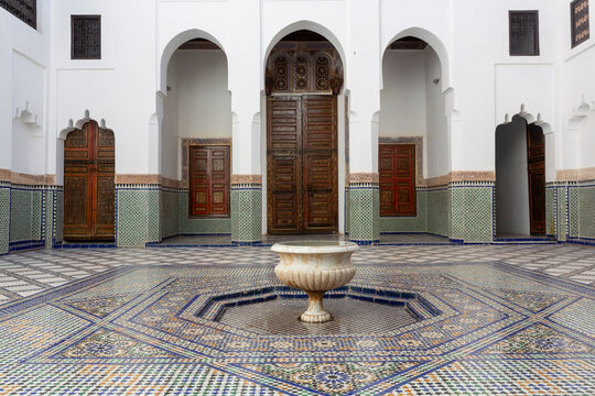 Courtyard of Historic Dar Si Said Museum palace for carpets and weaverings in Marrakesh, Morocco