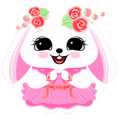 little cute rabbit cartoon isolated on transparent background, cute cartoon bunny wearing a pink dress