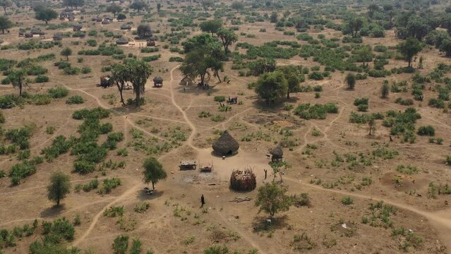 Aerial view of a traditional Mundari tribe village Terekeka South Sudan