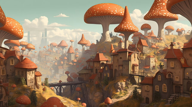 Surreal rowing planet vector illustration. Enchanted city with mushrooms magic. meadow with colorful mushrooms fantasy style. 